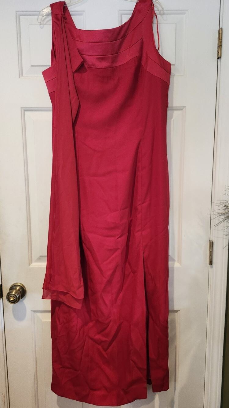 VTG Liz Claiborne Night Red Satin Evening Gown Maxi Dress Asymmetric Slit #267
